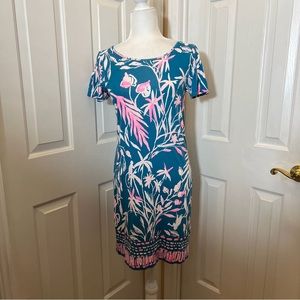 LILLY PULITZER Marah Tidal Wave Prime Time Teal Green Pink Floral Dress X-Small